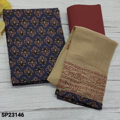 CODE SP23146 : Blue Base Printed cotton Unstitched Salwar material(thin fabric, lining optional) Floral printed all over, Maroon Cotton Bottom, Block printed chiffon dupatta with tapings