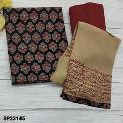 CODE SP23145 : Black Base Printed cotton Unstitched Salwar material(thin fabric, lining optional) Floral printed all over, Maroon Cotton Bottom, Block printed chiffon dupatta with tapings