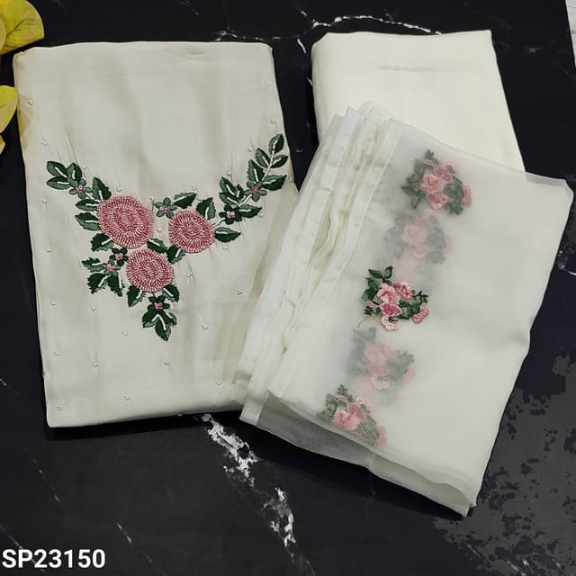 CODE SP23150 : Half White Premium Soft Silk cotton Unstitched Salwar material(thin fabric, lining needed )with tiny sugar bead done floral pattern, sequins and thread embroidery work on yoke, Matching Silk Cotton Bottom, floral embroidery work on fancy organza dupatta