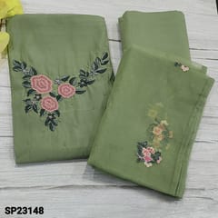 CODE SP23148 : Pastel Green Premium Soft Silk cotton Unstitched Salwar material(thin fabric, lining needed )with tiny sugar bead done floral pattern, sequins and thread embroidery work on yoke, Matching Silk Cotton Bottom, floral embroidery work on fancy organza dupatta