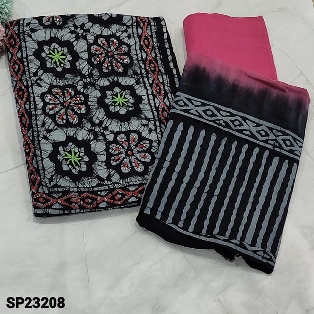 CODE SP23208 : Black Base Wax Batik Design Premium Soft Cotton Unstitched salwar material (soft fabric, lining optional) thread and french knot work on yoke, Stripe pattern on frontside, drum dyed pure soft Pink Cotton Bottom, Wax Batik Design on dual shaded mul cotton dupatta with tapings