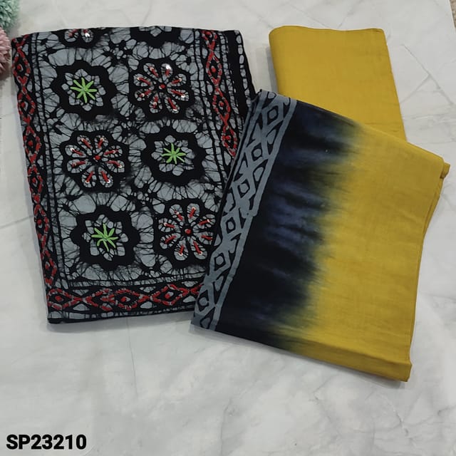 CODE SP23210 : Black Base Wax Batik Design Premium Soft Cotton Unstitched salwar material (soft fabric, lining optional) thread and french knot work on yoke, Stripe pattern on frontside, drum dyed pure soft Mehandhi Yellow Cotton Bottom, Wax Batik Design on dual shaded mul cotton dupatta with tapings