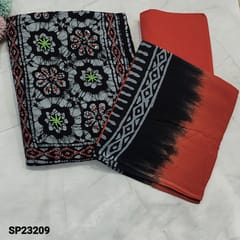 CODE SP23209 : Black Base Wax Batik Design Premium Soft Cotton Unstitched salwar material (soft fabric, lining optional) thread and french knot work on yoke, Stripe pattern on frontside, drum dyed pure soft Orange Cotton Bottom, Wax Batik Design on dual shaded mul cotton dupatta with tapings