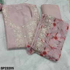 CODE SP23205  Designer Pastel Pink Pure Masleen Silk  unstitched Salwar material(soft fabric, silky, lining needed) round neck, embroidery work and floral buttons on yoke, floral embroidery work on frontside, Matching Santoon Bottom, Floral printed pure organza dupatta with hevey thread work borders