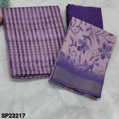 CODE SP23217 :  Designer Lavender and purple vertical printed Semi Gicha Soft Silk Cotton unstitched salwar material(texture, soft fabric, lining needed) self weaving pattern all over, Purple silk Cotton Bottom, Floral printed silk cotton dupatta with zari weaving borders