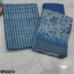 CODE SP23214: Designer Blue printed Semi Gicha Soft Silk Cotton unstitched salwar material(lining needed) self weaving pattern all over, Blue silk Cotton Bottom, Floral printed silk cotton dupatta with zari weaving borders.