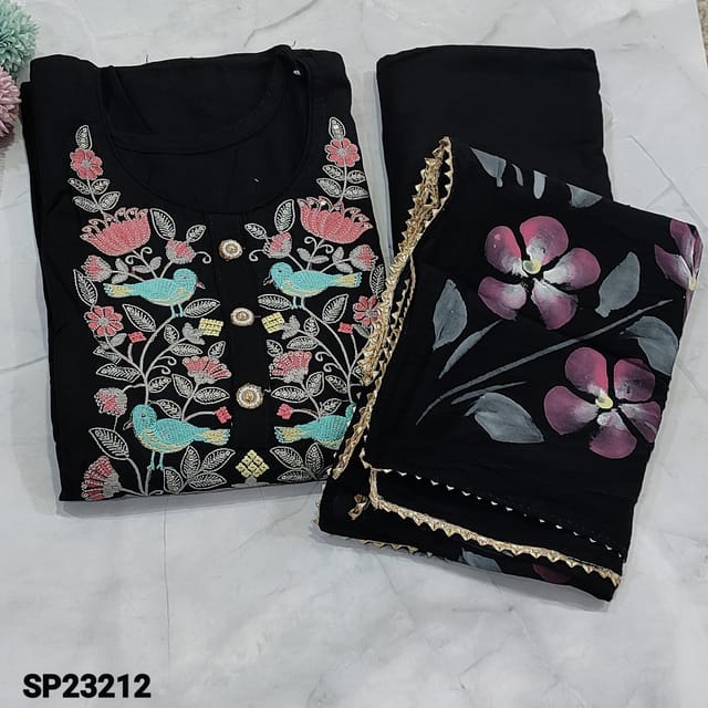 CODE SP23212 : Black Liquid fabric unstitched Salwar material(Soft Flowy, thin fabric, lining needed) round neck, embroidery and fancy buttons on yoke, Matching Liquid fabric Bottom, brush paint on soft silk cotton dupatta.