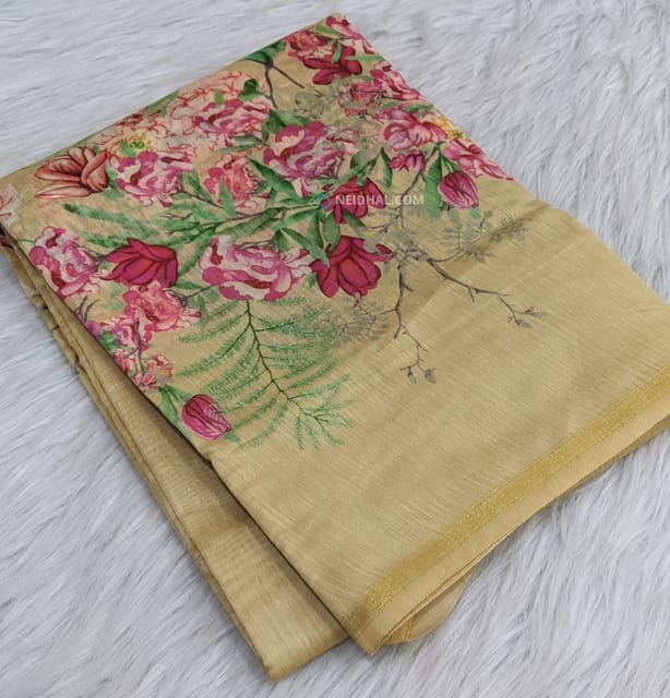 CODE WS807 :Beige chandheri silk cotton saree with beautiful floral prints all-over, printed pallu and running printed blouse.