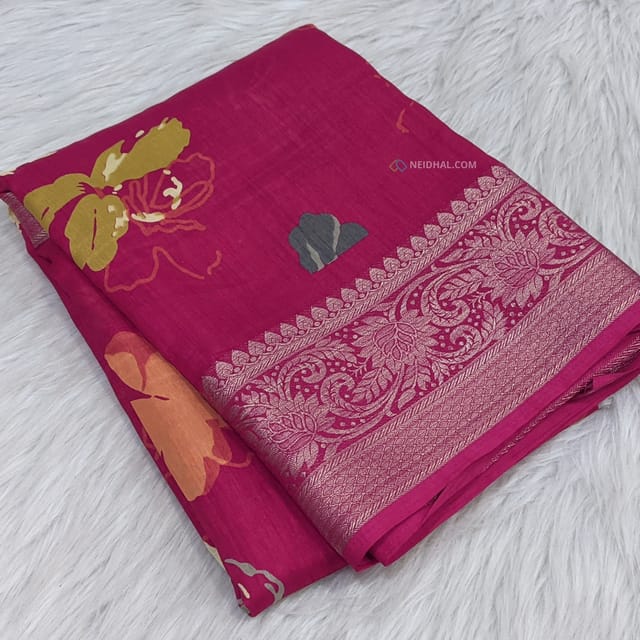 CODE WS812 : Dark pink fancy dola silk saree(silky and light weight ),fancy zari woven double side borders, abstract floral prints all over, printed pallu , running printed blouse with borders.