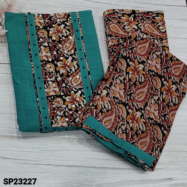 CODE SP23227 : Turquoise Blue South Cotton unstitched Salwar material(texture fabric, lining optional) with kalamkari printed yoke patch with faux mirror and french knot detailing, kalamkari printed pure soft Cotton Bottom, Mul Cotton Dupatta