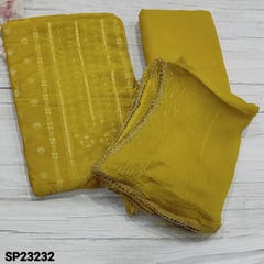 CODE SP23232 : Bright Mehandhi Yellow  Fancy Silk cotton unstitched salwar material(soft fabric, silky, lining needed) zari weaving pattern on yoke, zari woven work on frontside, Matching Silky Bottom, sequins work on chiffon dupatta with fancy lace tapings