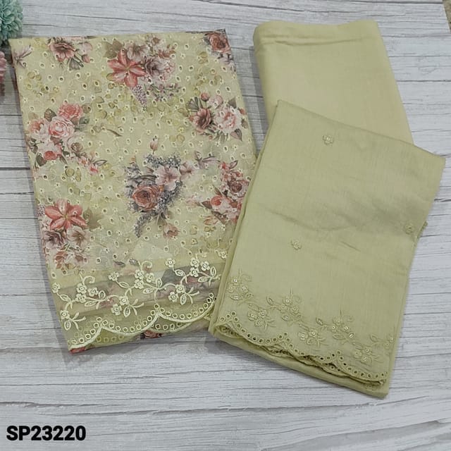 CODE SP23220 : Pastel Yellow Floral Printed Cotton unstitched Salwar material(soft  fabric, lining needed) with Schiffli embroidery and cut work on frontside, Matching thin fabric provided for lining, NO BOTTOM, soft silk cotton dupatta with embroidery work cut work edges