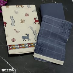 CODE SP23257 : Half White Base Cotton  Unstitched Salwar material(thin fabric, lining needed ) with warli embroidery design on frontside, Grayish Blue Cotton Bottom, Blok printed and self checkered design on  Premium mul cotton dupatta