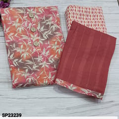 CODE SP23239 : Pink Shade Leafy Printed Modal Cotton unstitched Salwar material(soft, thin fabric, lining optional) with fancy buttons on yoke, Printed modal Cotton Bottom, sequins work and self weaving pattern on Jakard soft silk cotton dupatta with printed tapings