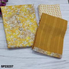 CODE SP23237 : Yellow Leafy Printed Modal Cotton unstitched Salwar material(soft, thin fabric, lining optional) with fancy buttons on yoke, Printed modal Cotton Bottom, sequins work and self weaving pattern on Jakard soft silk cotton dupatta with printed tapings