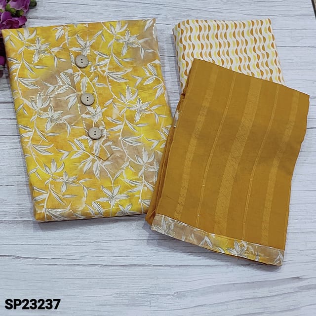 CODE SP23237 : Yellow Leafy Printed Modal Cotton unstitched Salwar material(soft, thin fabric, lining optional) with fancy buttons on yoke, Printed modal Cotton Bottom, sequins work and self weaving pattern on Jakard soft silk cotton dupatta with printed tapings