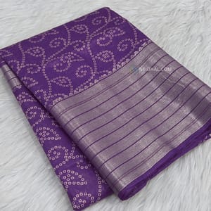 CODE WS827 : Purple bandhani printed fancy silk cotton saree with silver zari woven double side borders, zari woven and printed pallu,running blouse with borders.