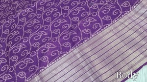 CODE WS827 : Purple bandhani printed fancy silk cotton saree with silver zari woven double side borders, zari woven and printed pallu,running blouse with borders.