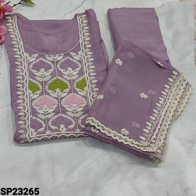 CODE SP23265 : Designer Mauve Shade Russian silk  Semi-stitched salwar material (soft and silky fabric, lining needed, can fit upto XL Size) round neck, 3/4 Sleeves, heavy thread and sequins work and multicolor sugar bead work on yoke, embroidery and lace work on daman, Matching Santoon Bottom,  embroidery work pure organza dupatta with lace tapings