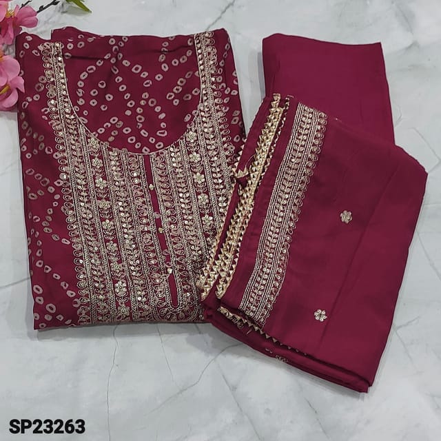 CODE SP23263 : Dark Pink Bhandhini Printed  Modal Masleen unstitched Salwar material(soft, silky fabric, lining needed) with zari and sequins work on yoke, Matching Santoon Bottom, Floral sequins and zari work on  Premium Silk Cotton Dupatta with gota lace tapings