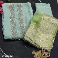 CODE SP23262 : Designer Pastel Blue Pure Organza unstitched Salwar material(light weight, thin fabric, lining needed) with gota patch, zardozi and french knot detailing on yoke,  small zari woven buttas on frontside, Matching Santoon Bottom, dual shaded  zari woven buttas on organza dupatta nd rich benerasi woven borders