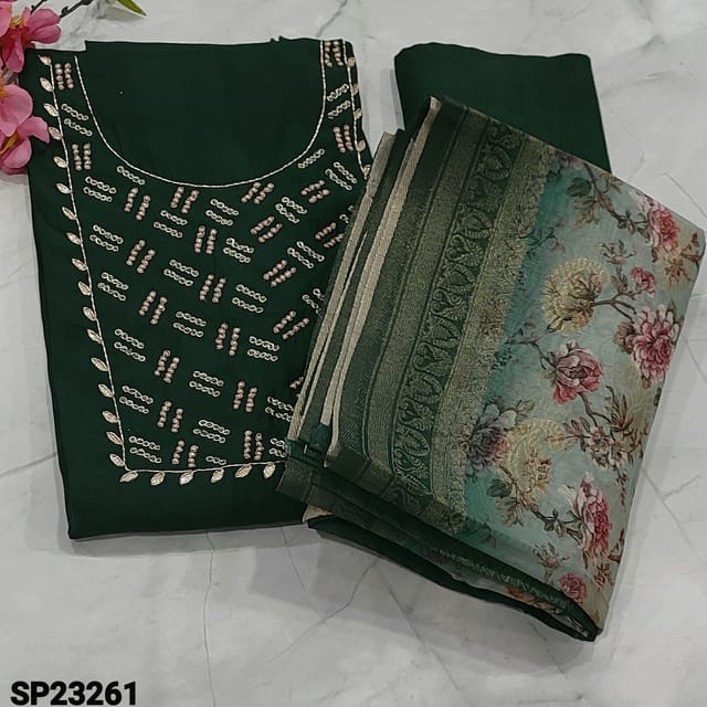CODE SP23261 : Designer Bottle Green  Premium Soft Silk Cotton unstitched Salwar material(thin silky fabric, lining needed) with gota patch and sugar bead, pearl bead, zardozi work on yoke, small pearl bead detailing on frontside, Matching Santoon Bottom, premium floral printed silk cotton dupatta with mango buttas all over and benerari woven borders