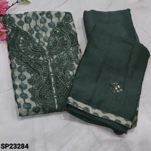 CODE SP23284 : Light Grey Base Dark Grey Printed  Modal Masleen Unstitched Salwar material(thin fabric, lining optional) with cut work and fancy lace detailing work on yoke, Grayish Green Santoon Bottom, sequins and embroidery work on soft silk cotton dupatta with tapings