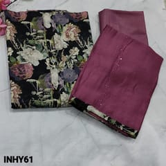 CODE INHY61 : Black Base Semi Gicha Soft Silk unstitched Salwar material( textured fabric, lining needed) with fancy buttons on yoke, Floral printed all over, Matching Cotton Fabric Provided for Lining, Light Beetroot Purple Silky Bottom, thread and sequins work on soft silk cotton dupatta with tapings (embroidery might vary)