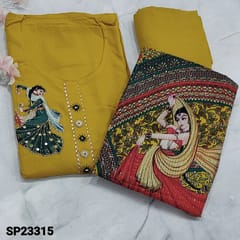 CODE SP23315  : Mehandhi Yellow Liquid fabric unstitched Salwar material(Soft Flowy, thin fabric, lining needed) round neck, dancing girl applique work highlighted with zari and fancy buttons on yoke, Matching Liquid fabric Bottom, sequins on Madhubani printed premium silk cotton dupatta
