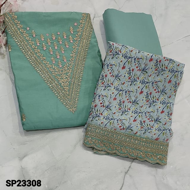 CODE SP23308 : Designer Pastel Blue Premium Silk Cotton unstitched Salwar material(soft fabric, lining needed) V-Neck yoke pattern highlighted with thread, zari and sequins work, zari woven buttas on frontside, Matching spun Cotton Bottom, Floral printed premium georgette Dupatta with rich zari, sequins and cut work edges on side border