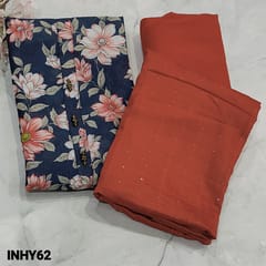 CODE INHY62 : Navy Blue Floral Printed Fancy Silk Cotton Unstitched Salwar material(light weight, lining needed) with fancy buttons on yoke, Brick Red Cotton Bottom, sequins work on Soft Silk cotton dupatta