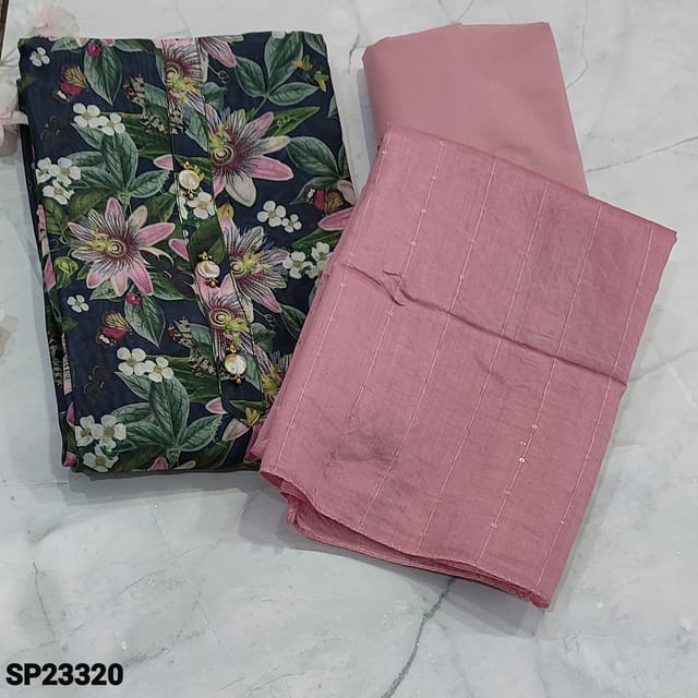 CODE SP23320 : Dark Blue Base Floral Printed Fancy Silk Cotton Unstitched Salwar material(light weight, lining needed) with fancy buttons on yoke, Pastel Pink Cotton Bottom, sequins work on Soft Silk cotton dupatta