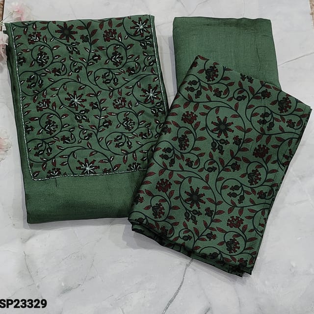 CODE SP23329 : Dark Cement Green Fancy Crepe Silk unstitched Salwar material(soft, flowy fabric, lining needed) with floral printed yoke patch highlighted with cut bead work, Matching Crepe Silk Bottom, floral printed silk cotton dupatta