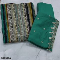 CODE SP23326 : Turquoise Blue Shade Multicolor Veridical Printed  Modal Masleen unstitched Salwar material(thin fabric,  lining needed) with sequins and zari work on yoke, Turquoise Blue Santoon Bottom, zari and sequins work on soft silk cotton dupatta with tapings