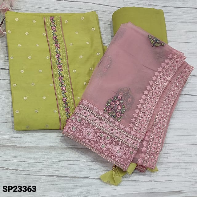 CODE SP23363 : Designer Light Mehandhi Green Soft Premium Silk Cotton Unstitched Salwar material(thin fabric, lining needed) with embroidery work on yoke,  zari woven buttas all over, Matching Santoon Bottom, embroidery work on Pastel Pink organza dupatta with borders