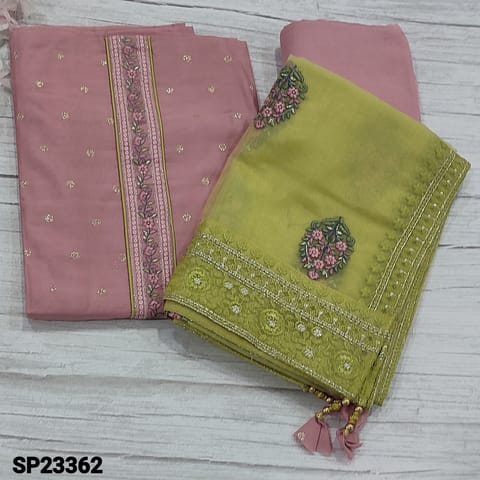 CODE SP23362 : Designer Pink Soft Premium Silk Cotton Unstitched Salwar material(thin fabric, lining needed) with embroidery work on yoke,  zari woven buttas all over, Matching Santoon Bottom, embroidery work on Mehandhi yellow organza dupatta with borders
