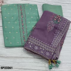 CODE SP23361 : Designer Pastel Blue Soft Premium Silk Cotton Unstitched Salwar material(thin fabric, lining needed) with embroidery work on yoke,  zari woven buttas all over, Matching Santoon Bottom, embroidery work on Lavender  organza dupatta with borders