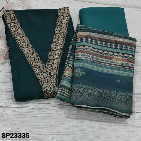 CODE SP23335 :  Dark Teal Blue Premium Silk Cotton Unstitched Salwar material(texture, soft fabric, lining needed) V-Neck highlighted with zari, sequins work and fancy lace tapings, floral embroidery work on frontside, Turquoise Blue Silky Bottom, digital printed silk cotton dupatta with benerasi zari woven buttas and borders