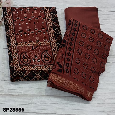 CODE SP23356 : Black Ajrak block printed Premium Cotton unstitched salwar material (soft fabric, lining optional) contrast yoke patch with foil work, Maroon Soft Cotton Bottom, block printed mul cotton dupatta with zari weaving borders abd tapings