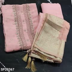 CODE SP23367 : Designer Pastel Pink Pure Organza unstitched Salwar material(light weight, thin fabric, lining needed) with gota patch, zardozi and french knot detailing on yoke,  small zari woven buttas on frontside, Matching Santoon Bottom, dual shaded  zari woven buttas on organza dupatta and rich benerasi woven borders