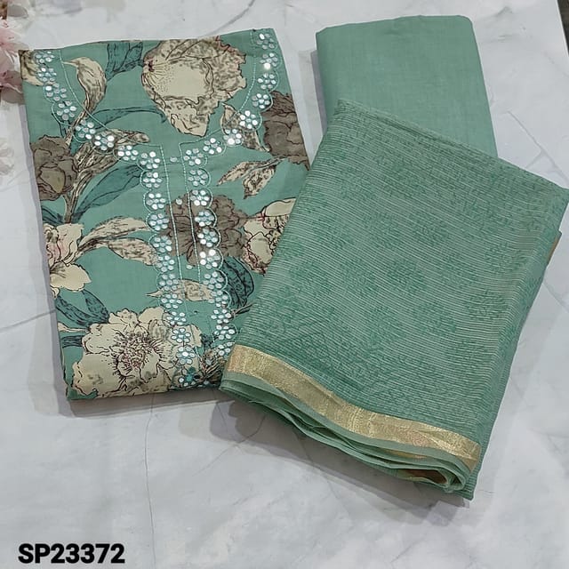 CODE SP23372 :  Bluish Grey  Floral Printed Pure Soft cotton unstitched Salwar material(thin fabric, lining optional) with foil work on yoke, Matching thin Pure fabric provided which can be used as a lining or bottom, Block printed Premium kota silk cotton dupatta with gold tissue borders and tassels
