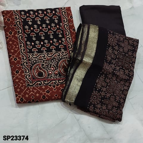 CODE SP23374 : Maroon Ajrak block printed Premium Cotton unstitched salwar material (soft fabric, lining optional) contrast yoke patch with foil work, Black Soft Cotton Bottom, block printed mul cotton dupatta with zari weaving borders abd tapings