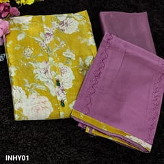 CODE INHY01 : Golden Yellow Floral Printed Silk Cotton Unstitched Salwar material(shiny, thin fabric, lining included) with fancy buttons on yoke, Matching Silk fabric provided for lining, Dark Beetroot Purple silky Bottom, thread and sequins work on soft silk cotton dupatta and tapings