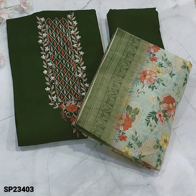 CODE SP23403 : Designer Dark Green Premium Soft Silk Cotton Unstitched Salwar material(soft fabric, lining needed) with zardozi, pearl bead and sequins work on yoke, zari work on frontside, Matching Silk Cotton Bottom, floral printed silk cotton dupatta with borders