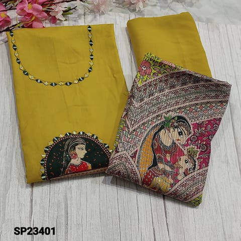 CODE SP23401 : Bright  Mehandhi Yellow Satin Cotton unstitched Salwar material(Soft fabric, lining optional) with real mirror work on yoke, digital printed yoke patch outline zari and real mirror work on frontside, Matching Satin Cotton Bottom, thread and sequins work on Madhubani printed silk cotton dupatta