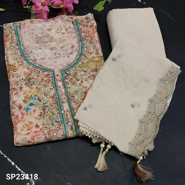 CODE SP23418  : Designer Pale Peach Base Floral Printed Pure Masleen Silk  unstitched Salwar material(silky, thin fabric, lining needed) round neck, zari and sequins work on yoke, Pale Peach Santoon Bottom, floral embroidery work short width pure organza dupatta with zari and sequins work edges