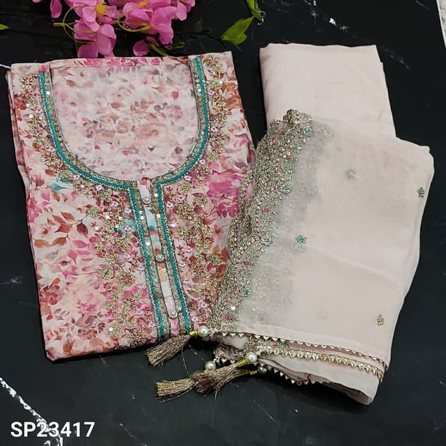 CODE SP23417 : Designer Pastel Pink Base Floral Printed Pure Masleen Silk  unstitched Salwar material(silky, thin fabric, lining needed) round neck, zari and sequins work on yoke, Pale Pink Santoon Bottom, floral embroidery work short width pure organza dupatta with zari and sequins work edges