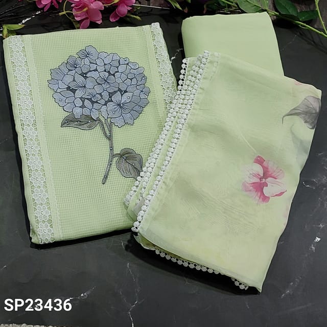 CODE SP23436 : Pastel Green Premium Kota Fabric Unstitched Salwar material(thin, netted kind of fabric, lining needed) Panel Pattern highlighted with lace work and Floral thread work and stone detailing on Yoke, Matching Soft Spun Cotton Bottom, floral printed organza dupatta (kota fabric in middle)