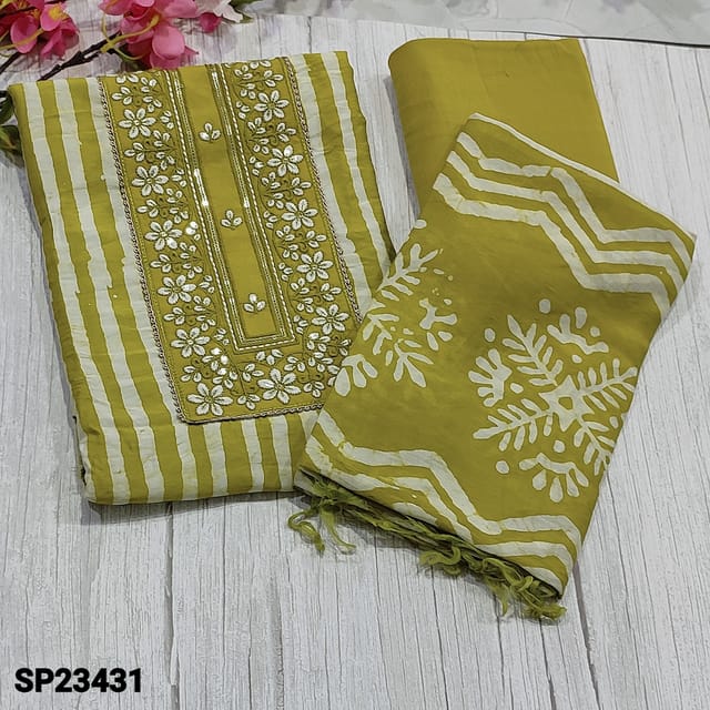 CODE SP23431 : Mehandhi Green Fancy Silk Cotton Unstitched salwar material (silky, soft fabric, lining needed) with thread and sequins work yoke, Vertical stipe pattern Wax Batik Design on frontside, Matching fabric provided for lining , NO BOTTOM, batik design on soft fancy silk cotton dupatta with tapings