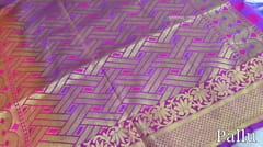 CODE WS834 :  Bright pink soft jacquard silk cotton saree with zari woven borders, checkered pattern all over with gold zari buttas, rich zari woven pallu , checkered jacquard running blouse with borders.